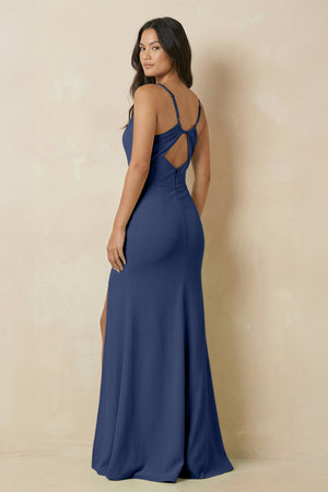 Sheath Cami Strap Chiffon Bridesmaid Dress with Slit in Navy - SHE IS ME Bridesmaid Dresses