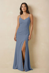 Sheath Cami Strap Chiffon Bridesmaid Dress with Slit in Neptune - KISS BRIDAL Bridesmaid Dresses