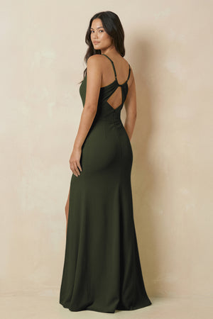 Sheath Cami Strap Chiffon Bridesmaid Dress with Slit in Olive - KISS BRIDAL Bridesmaid Dresses