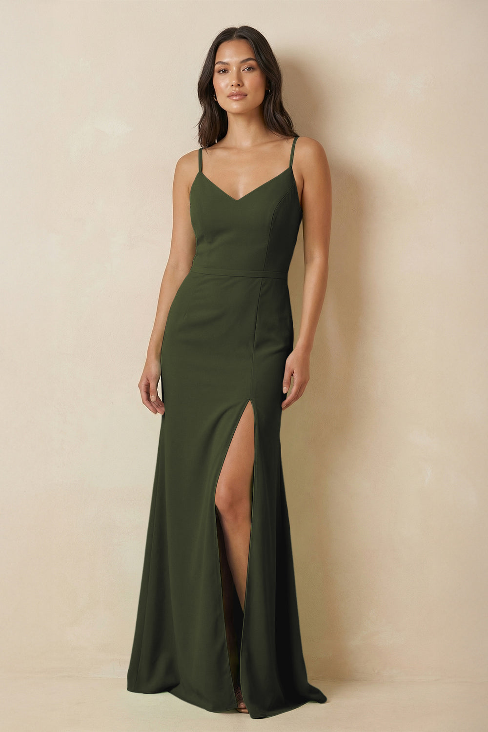 Sheath Cami Strap Chiffon Bridesmaid Dress with Slit in Olive