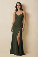 Sheath Cami Strap Chiffon Bridesmaid Dress with Slit in Olive - KISS BRIDAL Bridesmaid Dresses