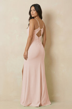 Sheath Cami Strap Chiffon Bridesmaid Dress with Slit in Pale Blush - SHE IS ME Bridesmaid Dresses