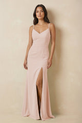 Sheath Cami Strap Chiffon Bridesmaid Dress with Slit in Pale Blush - KISS BRIDAL Bridesmaid Dresses