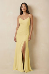 Sheath Cami Strap Chiffon Bridesmaid Dress with Slit in Pastel Yellow - KISS BRIDAL Bridesmaid Dresses