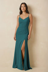 Sheath Cami Strap Chiffon Bridesmaid Dress with Slit in Pine - KISS BRIDAL Bridesmaid Dresses