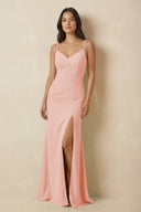 Sheath Cami Strap Chiffon Bridesmaid Dress with Slit in Rose Petal - KISS BRIDAL Bridesmaid Dresses