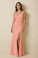 Sheath Cami Strap Chiffon Bridesmaid Dress with Slit in Rosette - KISS BRIDAL Bridesmaid Dresses