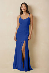 Sheath Cami Strap Chiffon Bridesmaid Dress with Slit in Royal Blue - KISS BRIDAL Bridesmaid Dresses