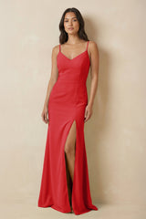 Sheath Cami Strap Chiffon Bridesmaid Dress with Slit in Ruby Red - KISS BRIDAL Bridesmaid Dresses