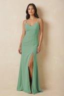 Sheath Cami Strap Chiffon Bridesmaid Dress with Slit in Sea Glass - KISS BRIDAL Bridesmaid Dresses