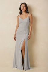 Sheath Cami Strap Chiffon Bridesmaid Dress with Slit in Silver - KISS BRIDAL Bridesmaid Dresses