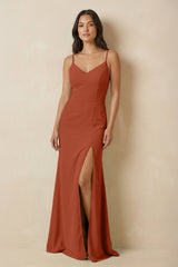 Sheath Cami Strap Chiffon Bridesmaid Dress with Slit in Spice - KISS BRIDAL Bridesmaid Dresses