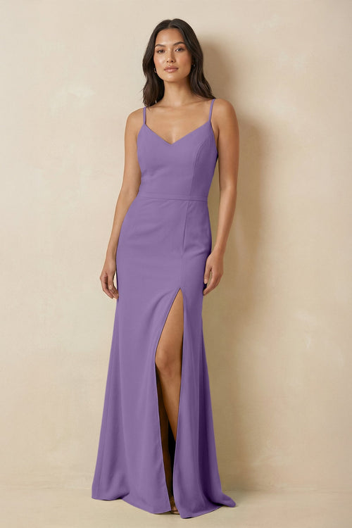 Sheath Cami Strap Chiffon Bridesmaid Dress with Slit in Tahiti - SHE IS ME Bridesmaid Dresses