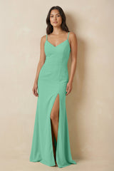 Sheath Cami Strap Chiffon Bridesmaid Dress with Slit in Turquoise - KISS BRIDAL Bridesmaid Dresses