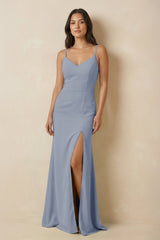 Sheath Cami Strap Chiffon Bridesmaid Dress with Slit in Twilight - KISS BRIDAL Bridesmaid Dresses
