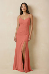 Sheath Cami Strap Chiffon Bridesmaid Dress with Slit in Wild Rose - KISS BRIDAL Bridesmaid Dresses