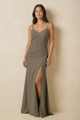 Sheath Cami Strap Chiffon Bridesmaid Dress with Slit in Willow Green - KISS BRIDAL Bridesmaid Dresses