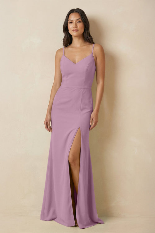 Sheath Cami Strap Chiffon Bridesmaid Dress with Slit in Wisteria - SHE IS ME Bridesmaid Dresses