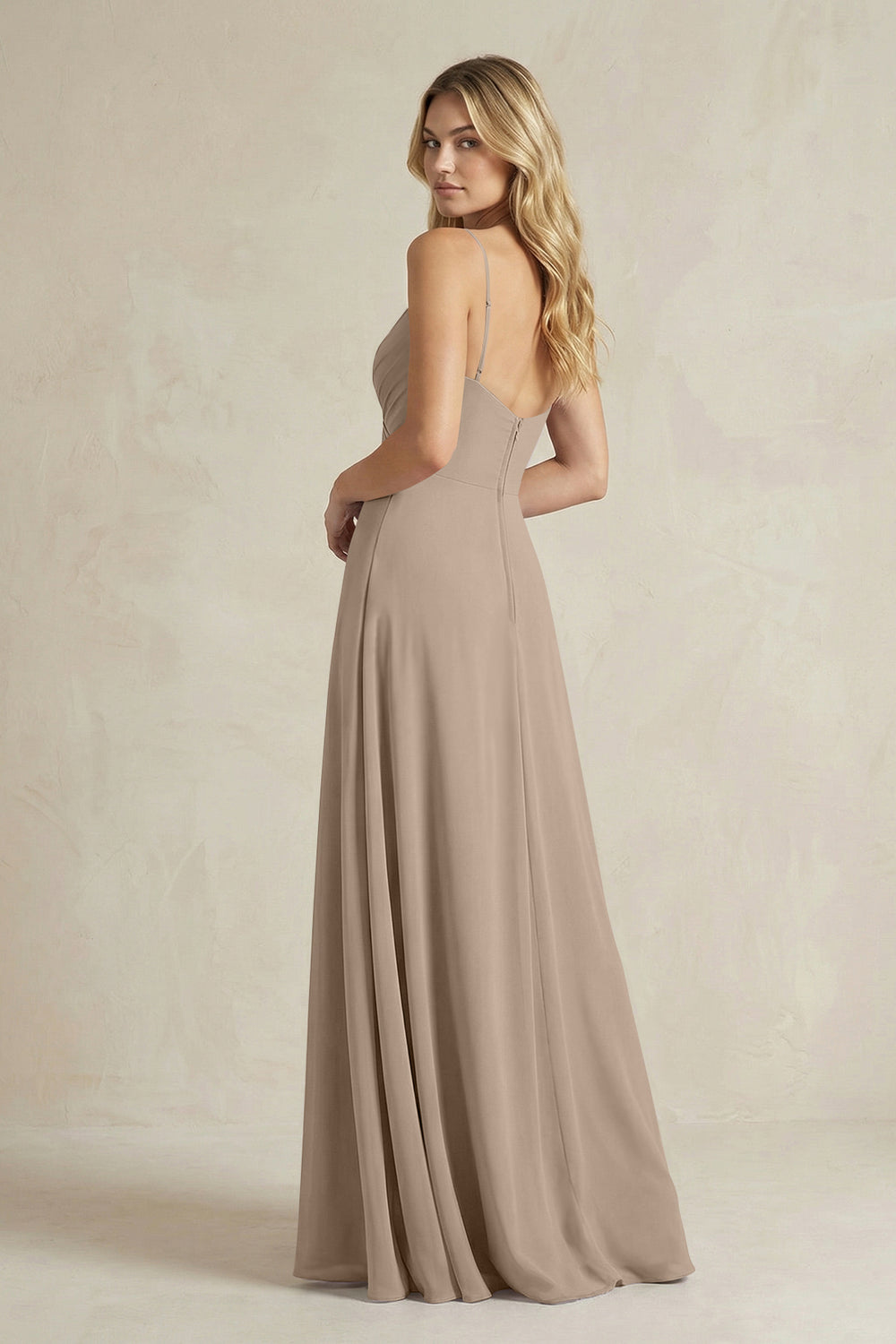 Sheath Cami Strap Ruched Chiffon Bridesmaid Dress in Almond