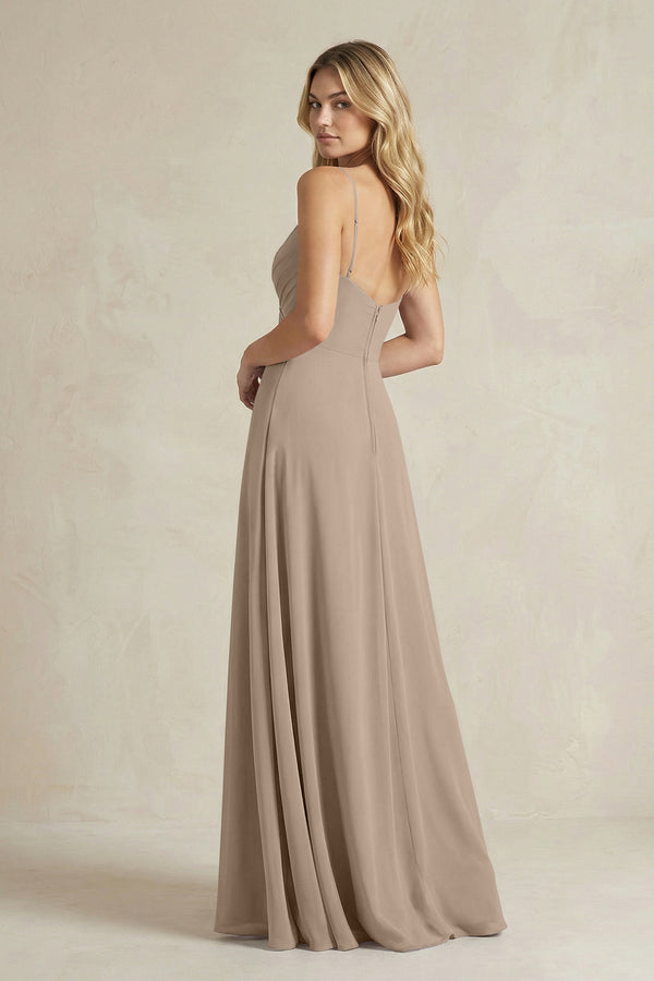 Sheath Cami Strap Ruched Chiffon Bridesmaid Dress in Almond (2) | KISSBRIDAL