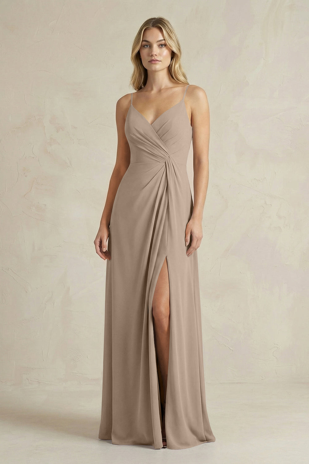 Sheath Cami Strap Ruched Chiffon Bridesmaid Dress in Almond