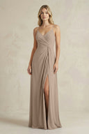 Sheath Cami Strap Ruched Chiffon Bridesmaid Dress in Almond | KISSBRIDAL