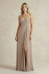 Sheath Cami Strap Ruched Chiffon Bridesmaid Dress in Almond | KISSBRIDAL