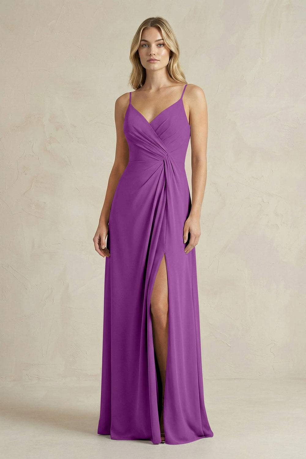 Sheath Cami Strap Ruched Chiffon Bridesmaid Dress in Amethyst - KISS BRIDAL Bridesmaid Dresses