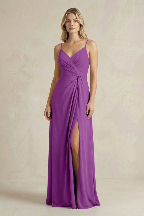 Sheath Cami Strap Ruched Chiffon Bridesmaid Dress in Amethyst - SHE IS ME Bridesmaid Dresses
