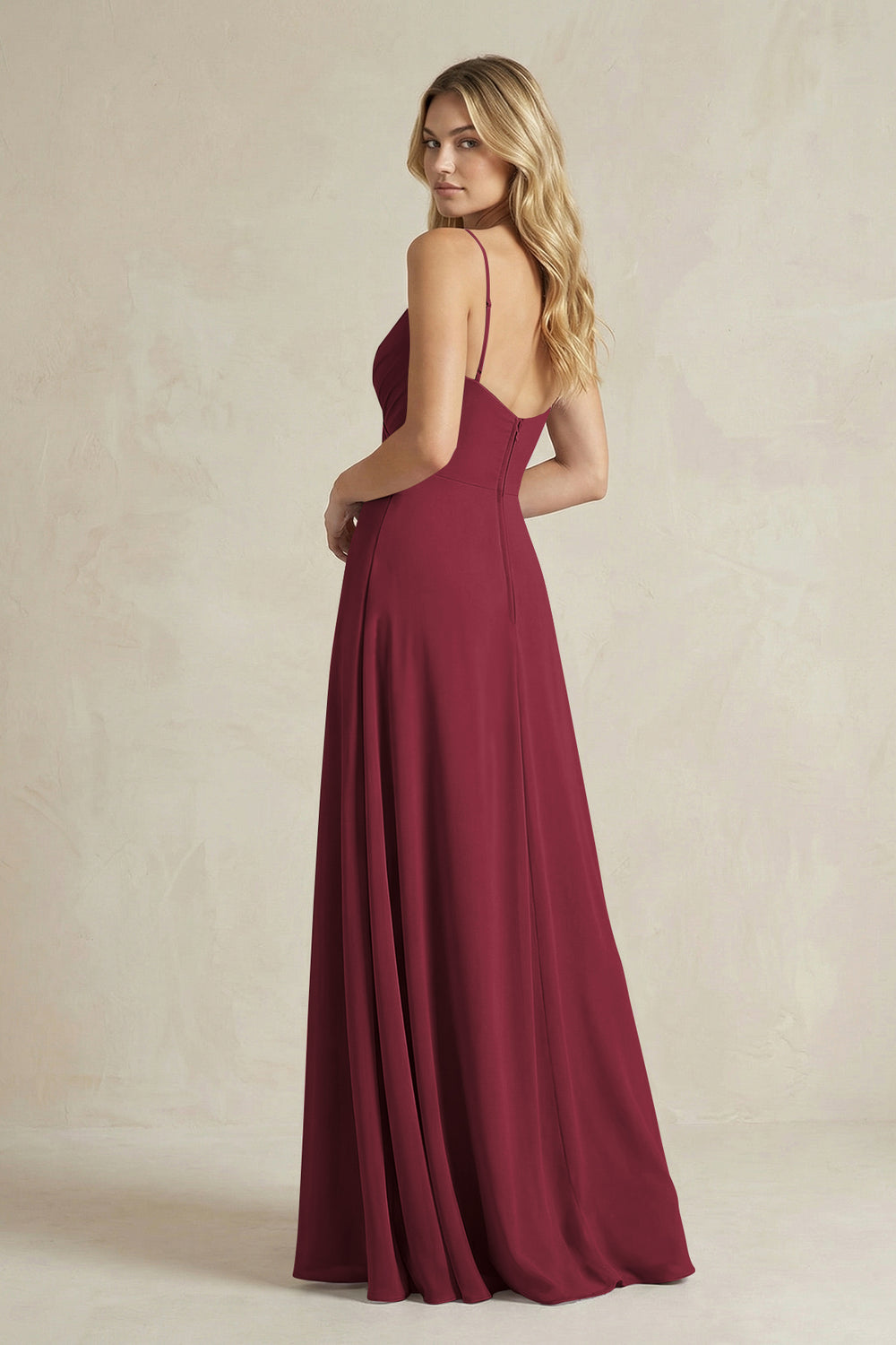 Sheath Cami Strap Ruched Chiffon Bridesmaid Dress in Berry