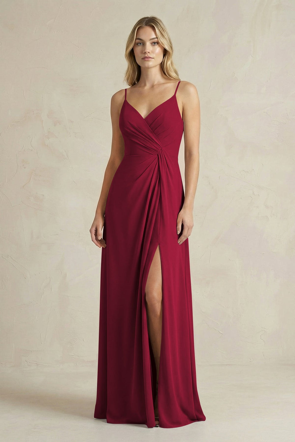 Sheath Cami Strap Ruched Chiffon Bridesmaid Dress in Berry - KISS BRIDAL Bridesmaid Dresses