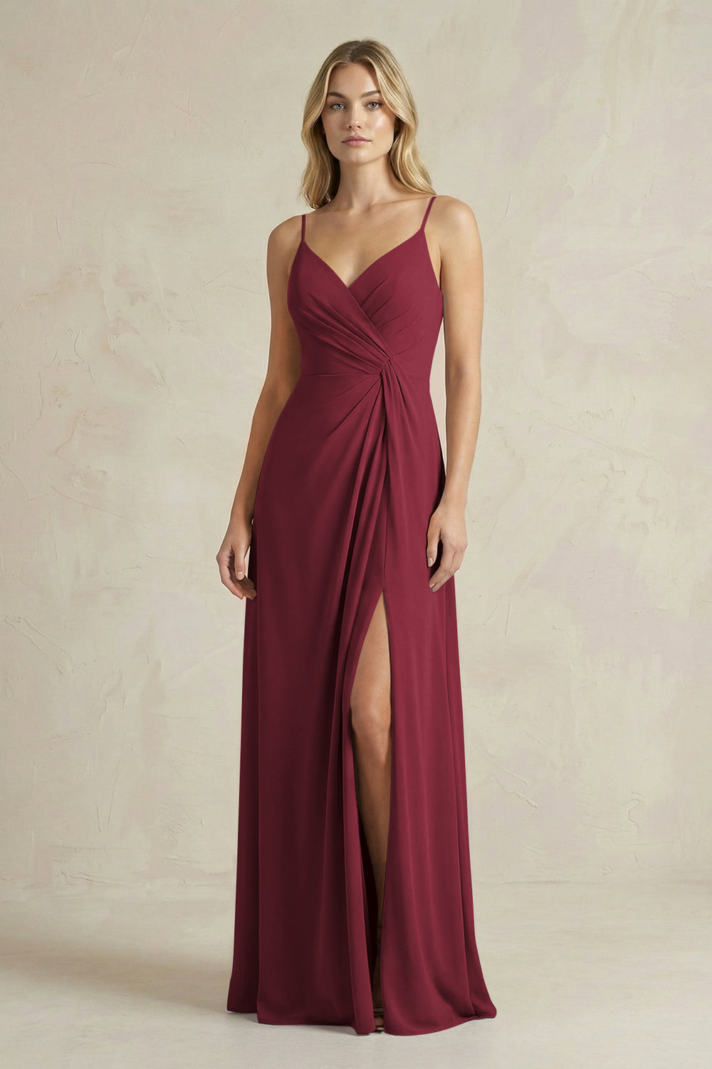 Sheath Cami Strap Ruched Chiffon Bridesmaid Dress in Berry