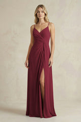 Sheath Cami Strap Ruched Chiffon Bridesmaid Dress in Berry | KISSBRIDAL