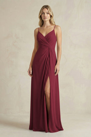 Sheath Cami Strap Ruched Chiffon Bridesmaid Dress in Berry | KISSBRIDAL
