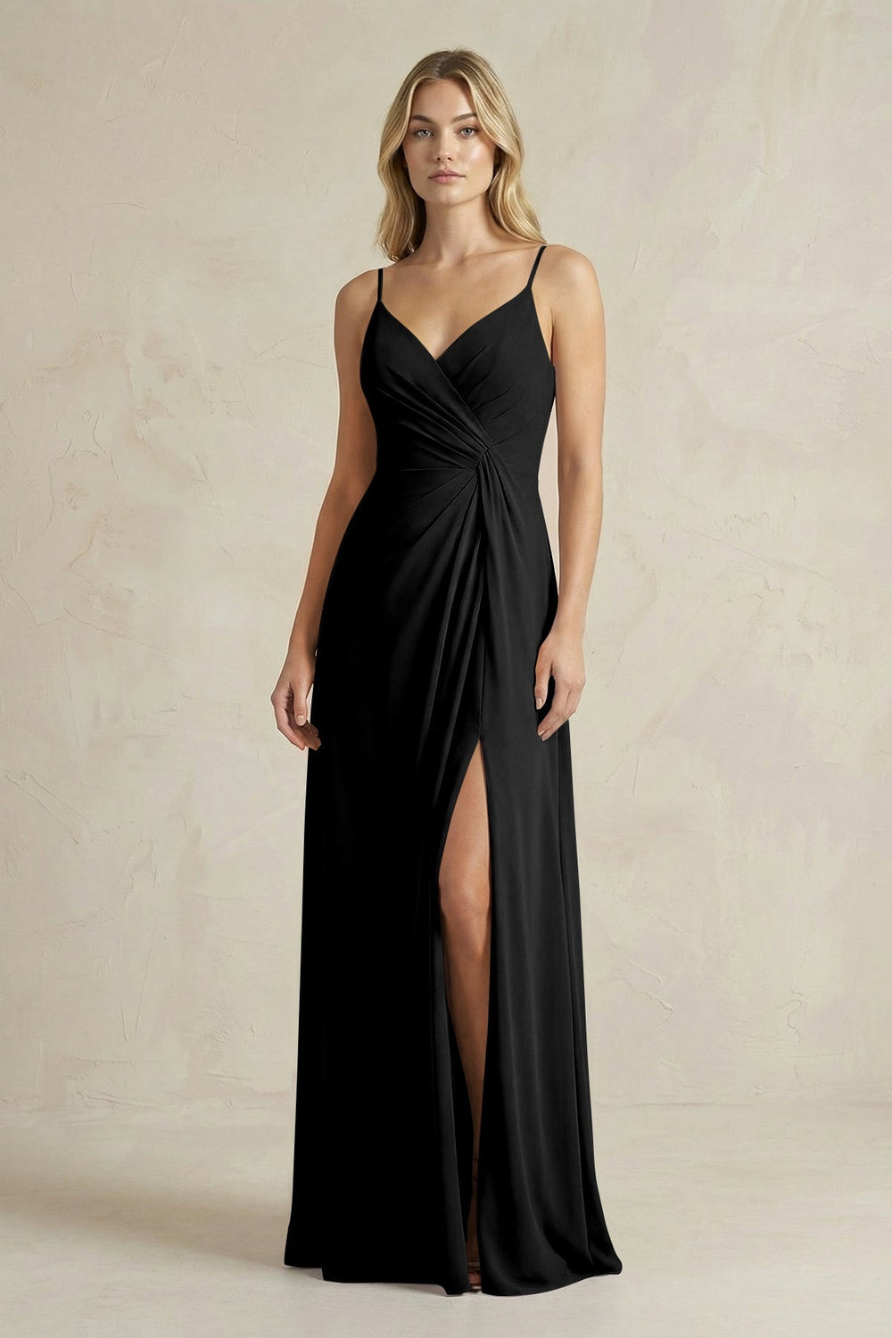Sheath Cami Strap Ruched Chiffon Bridesmaid Dress in Black - KISS BRIDAL Bridesmaid Dresses