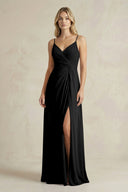 Sheath Cami Strap Ruched Chiffon Bridesmaid Dress in Black - SHE IS ME Bridesmaid Dresses