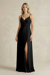 Sheath Cami Strap Ruched Chiffon Bridesmaid Dress in Black - KISS BRIDAL Bridesmaid Dresses