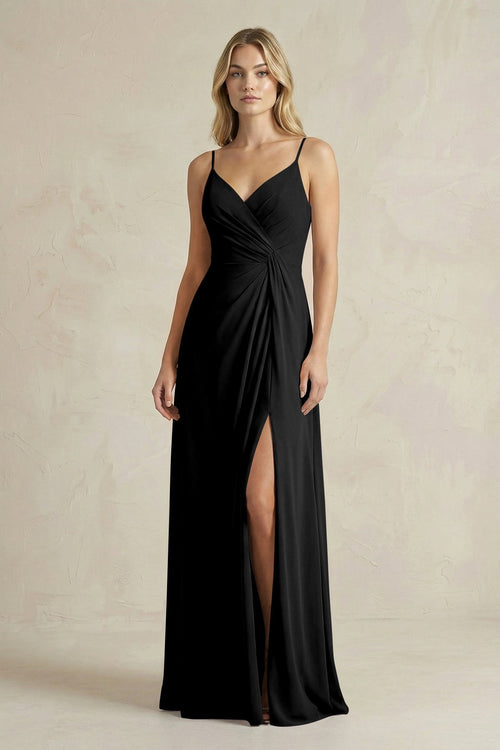 Sheath Cami Strap Ruched Chiffon Bridesmaid Dress in Black - SHE IS ME Bridesmaid Dresses