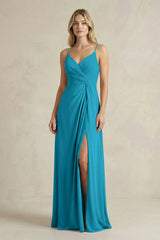 Sheath Cami Strap Ruched Chiffon Bridesmaid Dress in Blue Jay - KISS BRIDAL Bridesmaid Dresses