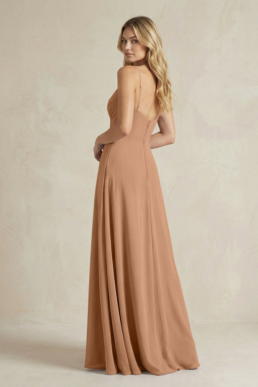 Sheath Cami Strap Ruched Chiffon Bridesmaid Dress in Bronzer - KISS BRIDAL Bridesmaid Dresses
