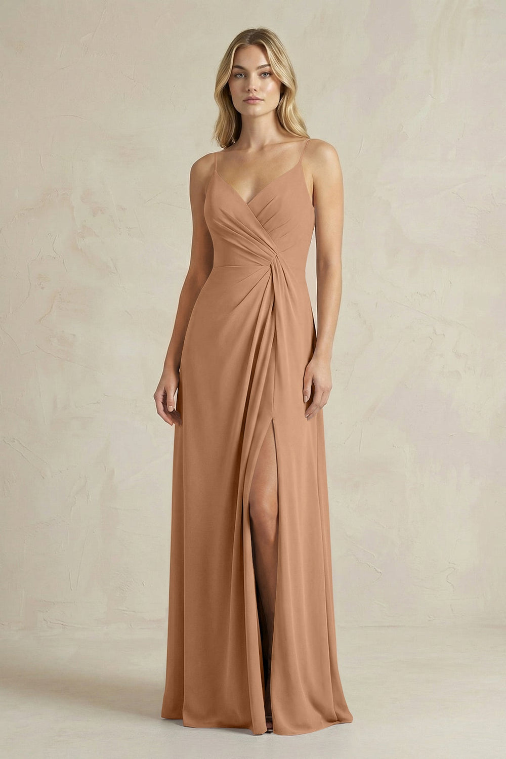 Sheath Cami Strap Ruched Chiffon Bridesmaid Dress in Bronzer - KISS BRIDAL Bridesmaid Dresses