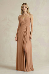 Sheath Cami Strap Ruched Chiffon Bridesmaid Dress in Bronzer - KISS BRIDAL Bridesmaid Dresses