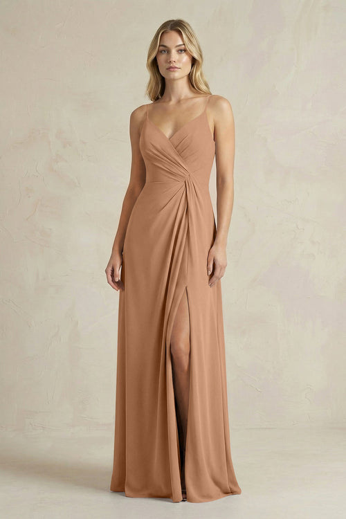 Sheath Cami Strap Ruched Chiffon Bridesmaid Dress in Bronzer - SHE IS ME Bridesmaid Dresses
