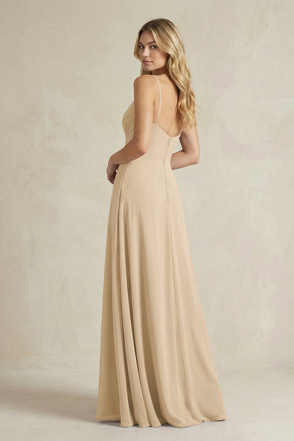Sheath Cami Strap Ruched Chiffon Bridesmaid Dress in Champagne (2) | KISSBRIDAL
