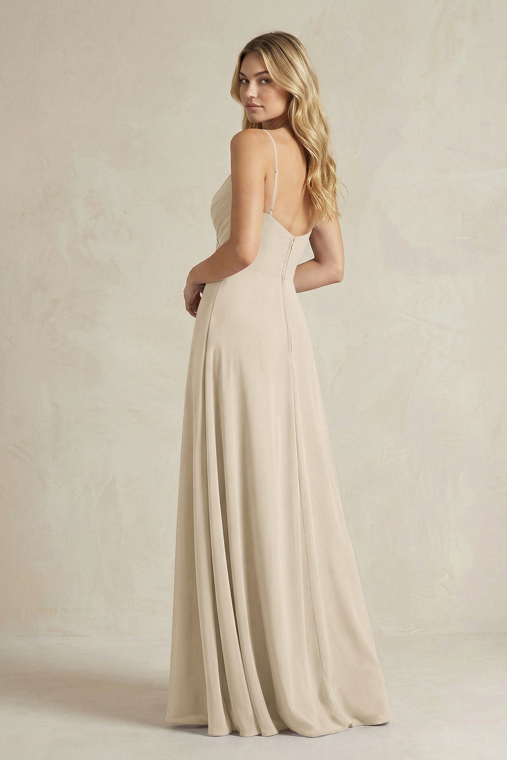 Sheath Cami Strap Ruched Chiffon Bridesmaid Dress in Champagne - KISS BRIDAL Bridesmaid Dresses