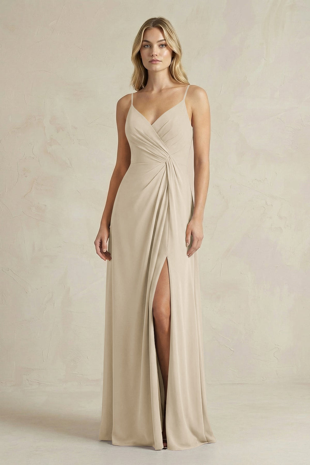 Sheath Cami Strap Ruched Chiffon Bridesmaid Dress in Champagne - KISS BRIDAL Bridesmaid Dresses