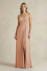 Sheath Cami Strap Ruched Chiffon Bridesmaid Dress in Champagne Rose - KISS BRIDAL Bridesmaid Dresses
