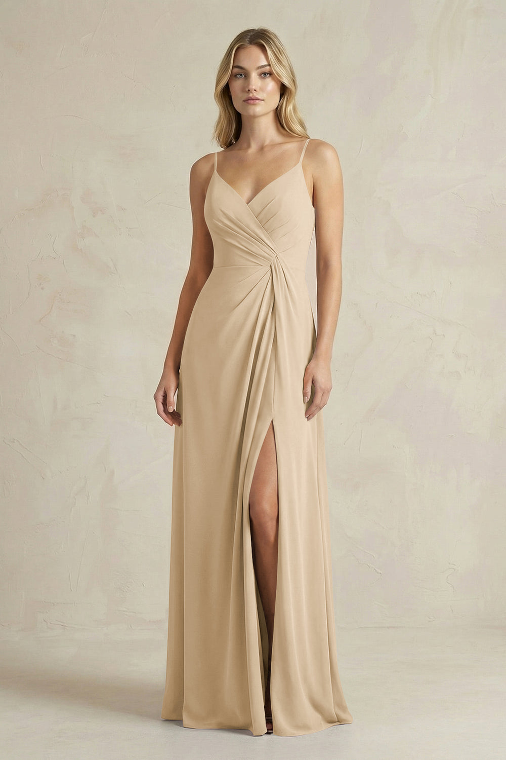 Sheath Cami Strap Ruched Chiffon Bridesmaid Dress in Champagne
