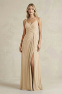 Sheath Cami Strap Ruched Chiffon Bridesmaid Dress in Champagne | KISSBRIDAL