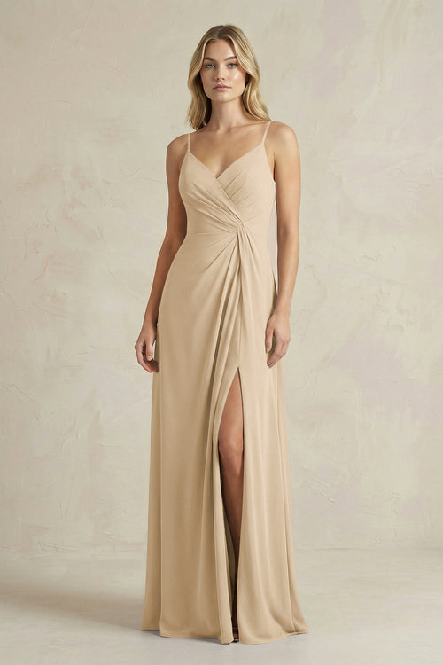 Sheath Cami Strap Ruched Chiffon Bridesmaid Dress in Champagne | KISSBRIDAL